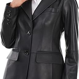 Lambskin Leather Jacket Women,Long Sleeve Button Front Leather Blazer,Notched Lapel Casual Style,Vent Detail-17