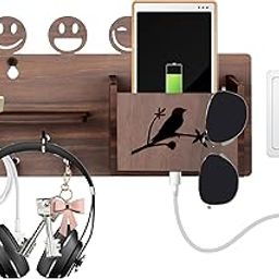 Wooden Mobile Holder Stand with Tray and 5 Hooks for Keys and Accessories,Phone Charging Smiley Mobile Holder-image-69
