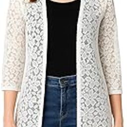Women's White Long Lace Shrug | Sheer 3/4 Sleeve Open Front Cardigan for Layering, Casual & Party Wear-32