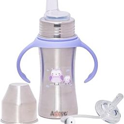 Adore Twilight 2 Stage Stainless Steel Spout and Weighted Straw Sipper with Twin Handle - Spill Proof Spout Sippy Cup with Ergonomic Design for Toddlers - 250ml (Owl)-image-67