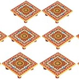 Handicrafts Paradise Marble Chowki Set of 10 pc with Intricate Floral Painting-24
