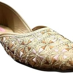 Traditional Rajasthani Jutti Flats, Women's Embroidered Ballet Shoes, Gold-image-30