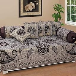 FRESH FROM LOOM Velvet Floral Diwan Set Coffee - 1 Single Bedsheet with 2 Bolster Covers and 5 Cushion Covers (8pc Set)-18