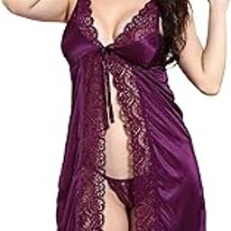 Women's Satin Solid Midi Babydoll (1584WINEF, Wine, Free Size)-image-74