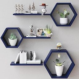 Wooden Hexagon Floating Shelves Wall Mounted,Set of 6 Pine Hexagon Shelves Display for Photos,Plants,Rustic Honeycomb Shelves for Living Room,Bedroom,Bathroom, Kitchen, Office Decor, Navy Blue-image-10