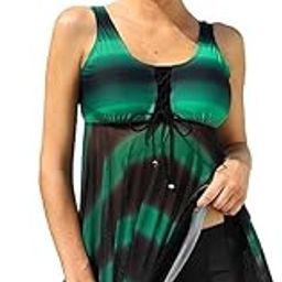 Women's U-Neck Swimdress Tankini – Green Tie Dye Modest Bathing Suit with Shorts.-image-19