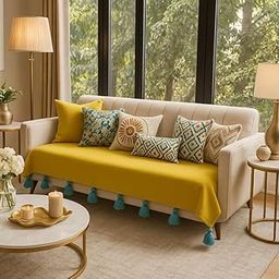 WWW.THROWPILLOW.IN Yellow Sofa Cover with Tassels for Wooden Single Seater | 1-Piece Sofa Throw for Living Room | Fits Wing Chair, Dining Chair Runner | Decorative Sofa Seat Cover | Stylish Slipcover-image-80