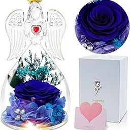 DONSAJI Gifts for Mom Birthday, Glass Angel with Real Rose Inside, Preserved Rose Angel Gifts for Women, for Mom from Daughter Son, Blue Forever Flowers Gift for Grandma Wife-image-2