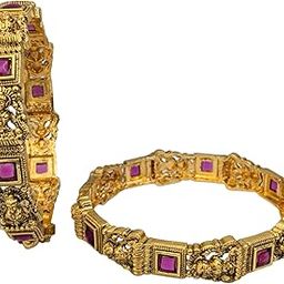 Antique Gold Traditional Bangles with Green Stone and Intricate Temple Design, Set of 2 | Latest Stylish Traditional Bangles | Just Like Real Gold Jewellery-image-11