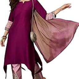 Womens Cotton Silk Embroidered Asymmetric Kurta Set With Pant And Choker Dupatta Set-image-52