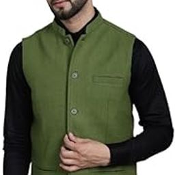 Men's OliveWool Medium Nehru Sleeveless Jacket With Welt Pockets-image-60