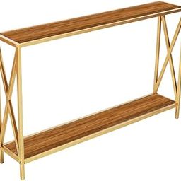 Nesfur Engineered Wood with Metal Base Console Table for Hall, Living Room, Bedroom, Balcony, Two Tier Console Table for Home Decor (Golden and Wood)-image-74