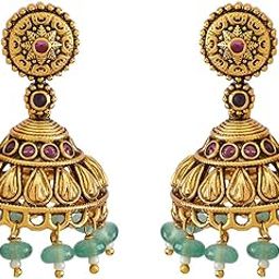 Fashion Jewellery Ruby-Green Gold Polished Antique Push Back Jhumkas, earring for Women, Best for Festive Season - 434131-18