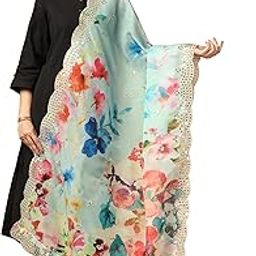 Beautiful Embroidery Sequence Mirror Work Organza Silk Dupatta for Women, Ethnic Digital Print Free Size Silk Dupatta in Multi Color-image-53