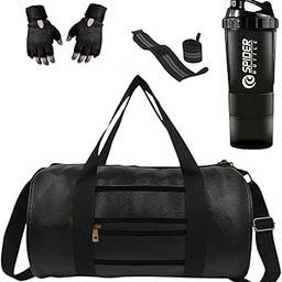 Gym Bag Combo for Men and Women - Bag with Shoe Compartment, Bottle, Wristband, Gloves - Fitness Kit (Black)-81