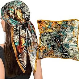 Women Neck Scarf Silk Scarf Luxury Silk-Touch Head Scarf Neck Scarf Elegant Floral 35 In Square Scarf Head Wrap Hair Wrap Fashion Women Scarf Gift For Women, Female, Black-image-78