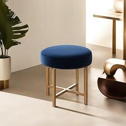 JUMBO CRAFTS Round Metal Ottoman/Sitting Stool/Living Room Furniture/Office Stool/Velvet Ottoman Footrest Stool Pouffes Home Decor - Blue-image-24