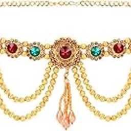 Adjustable Golden Polish Pearl Layer Multicolour Stone Crystal Ottiyanam/Waistchain/Kamarband for Women and Girls Wear On Saree/lahnga and Ethnic Wear-image-7