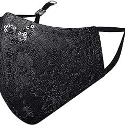 By Q-One Shimmer 4 Layer, Reusable, with Detachable Chain & Ear Adjusters, Anti-Bacterial BFE>99% Satin Cloth Face Mask Without Valve for Women (includes Mask Bag, Medium, Black)-27