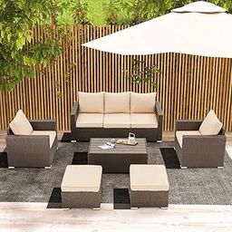 DEVOKO 6 Piece Patio Dining Table with Otomans Outdoor Furniture Sofa HDPE Rattan Wicker Conversation Set for Garden, Balcony, Poolside (Dark Brown and Cream)-7