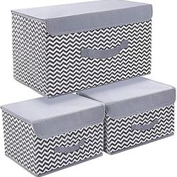 House of Quirk 3 Pack Foldable Storage Bin with Lid and Handle, Versatile Storage Baskets Boxes for Toys, Clothes, Papers, Books, Makeups (Wave, Grey)-1