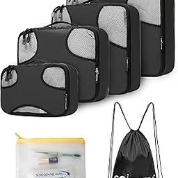 Packing Cubes for Travel, 6 in 1 Water Resistant Travel Organizer Pouch Set (4 Cubes+ Drawstring Bag+ Cosmetic Pouch), Luggage Suitcase Wardrobe Organiser Bags for Clothes Shoes (Black)-image-25