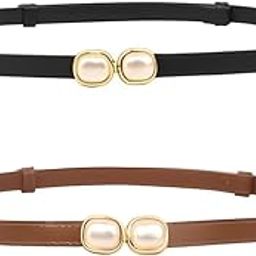 Pack Of 2 Women’s Slim Leather Waist Belt With Pearl Buckle – Adjustable And Elegant Belt For Dresses, Skirts, And Jeans(Black&Camel)-14