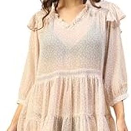 Women Blue Printed V-Neck with Frill Long Sleeve Beachwear Chiffon Dress with Lace & Ruffle Detailing-image-88