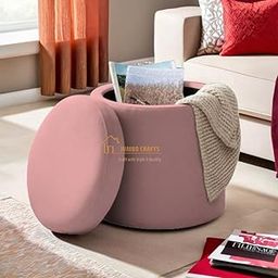 JUMBO CRAFTS Round Luxurious Ottoman with Storage Box Dutch Velvet Pouffe Footstool, Footrest Vanity Stool for Bedroom Living Room Balcony - Pink-image-55
