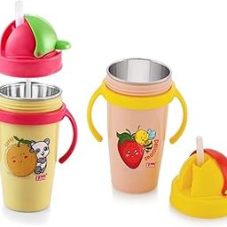 Nabhya Hot & Cold Insulated Stainless Steel 360ml BPA-Free Cute Animal Design Baby Sipper Kids Water Bottle with Straw and Side Handle for Kids (Pink & Yellow - 2pc)-image-7