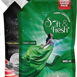 Soft & Fresh combo Pack of Green Jade & Vanilla Dreams 2X900ml, best fabric conditioner softener increase freshness and softness 900ml refill pouch Pack of 2-picture-1
