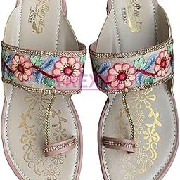 Kolhapuri Embroidered Chappal for Women | Flat Fashion Sandals | Ethnic Slippers for Girls | Ethnic Flat Sandals | Toe-Ring Festive Slippers | Slip On Ethnic Flats Chappal-picture-1