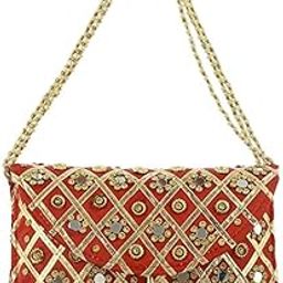 Traditional Mirror Work Envelope Clutch/Hand Purse Bag (Red)-image-66