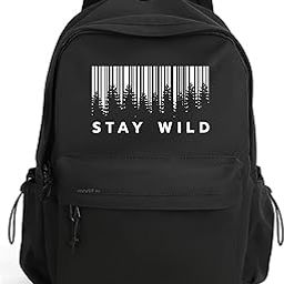 Unisex's Stay Wild Backpack with Barcode Forest Print – Stylish, Durable & Spacious Bag for School, Travel & Outdoors (Black)-image-53