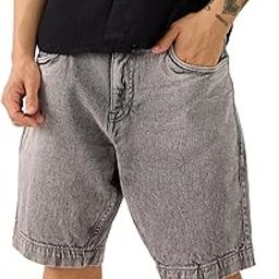 Denim: Grey Stone Wash Men and Boys Buttoned Knee Length Cotton Blend Knee Denim Shorts-image-18