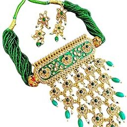 Artificial Rajasthani Kundan Aad Necklace Jewellery Set with Earrings | Green & Gold Pearl Bridal Set for Women & Girls (Green 11010)-image-48