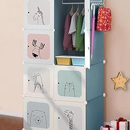 CoolLeaf Plastic Wardrobe for Kids, Cupboard for Bedroom with 8-Cubes Sheets and Hanging Rail, Almirah Plastic for Baby Clothes/Toys/Books, Blue Cartoon-image-73