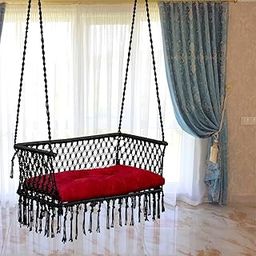 Double Seater Swing Chair Arm Rest/Hanging Hammock For 2 People/Jhula Adults/2 Balcony/200Kg Weight Holding Capacity/Hanging Kit & Cushion Included-Black - Polyester-image-57