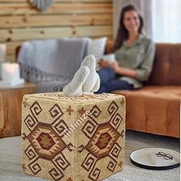 iinfinize Designer 18 Inch Handmade Square Natural Color Wool Jute Pouf Cover Ottoman Footrest Rustic Kilim Jute Pouf Cover (Beige)-image-52