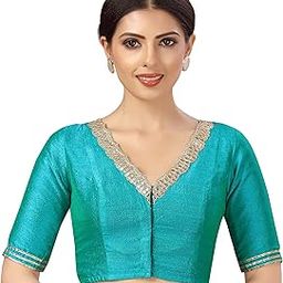 Women's Readymade Silky Saree Blouse Elbow Length Sleeves With Embroidered Neckline Choli-image-47