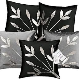 indoAmor Silk Cushion Cover, Silver Leaves Design (Black and Grey, 16x16 Inches) Set of 5 Covers-18