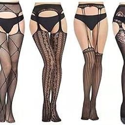Ladies Plus Size Stretchy Fishnet Stockings Thigh High 4 Pack Black Black One Size-image-45