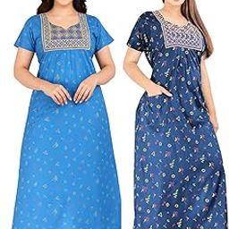 Women's Cotton Jaipuri Nighty Gown – Pack of 2 Rajasthani Print Night Dresses | Maxi Sleepwear with Pocket | Soft Embroidered Loungewear for Ladies-image-29