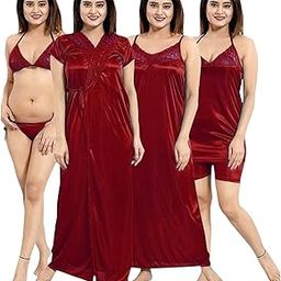 Apparels Solid Satin 6 Piece Nightwear Set (1 Robe, 1 Nighty, 1 Top, 1 Shorts, 1 Lingerie Set) for Women | Comfy & Stylish-image-98