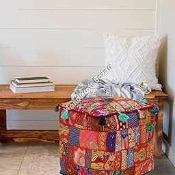 Handicraft Bazarr Pouf for Home Decor Decorative Patchwork Indoor Outdoor Tassels Bean Bag Cover Handmade Square Ottoman Traditional 16 Inch Home Decor Foot Rest Cover (Red)-18