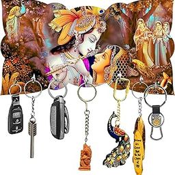 VOMI Home Decor Wooden Art Work Painting Key Holder for Wall Decor 7 Hooks Key Organizer Gift Items for Home Hall Office Decoration (25 cm x 15 cm x 4 cm Pack of 1 (Radha Krishna,Key Holder)-image-57