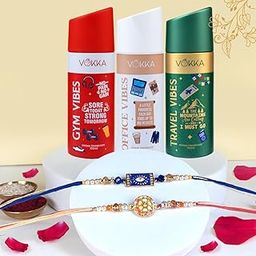 VOKKA Rakhi Gift for Brother – 3 Unisex Deodorants 150ml Each Gym + Office + Travel Vibes with 2 Rakhis | Dark Blue Evil Eye, Pearl Petal Rakhi | Raksha Bandhan Combo Set for Bhaiya & Bhabhi-image-65