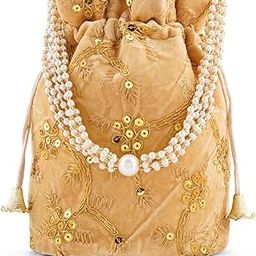 teejh O Haseena Beige Velvet Embroidered Potli Bag-picture-23