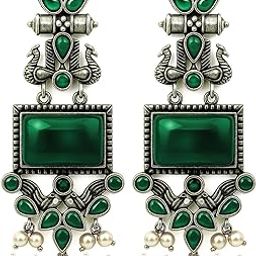 Peacock Earrings for Women & Girls | Replica Oxidized Dangler Earrings | Monalisa Green Stone & Pearl Drops | Traditional Festival Wear Jewelry-image-3
