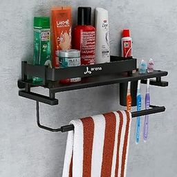 Arena Stainless Steel 3 in 1 Bathroom Shelf Shelves Tumbler Holder | Towel Bar and Toothpaste Stand and Napkin Hanger Bathroom Accessories for Home Black - (15 * 5 Inch - Pack of 1)-image-35